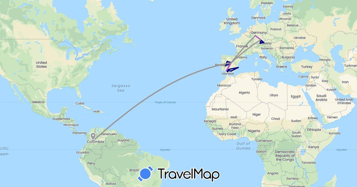 TravelMap itinerary: driving, plane, train in Austria, Colombia, Germany, Spain (Europe, South America)
